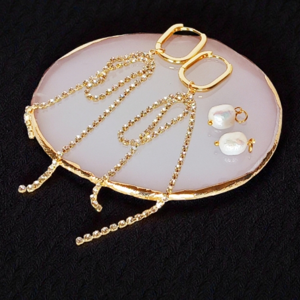 Square Gold Hoop Earrings Interchangable Charms Pearls Rhinestones Dangle Drop